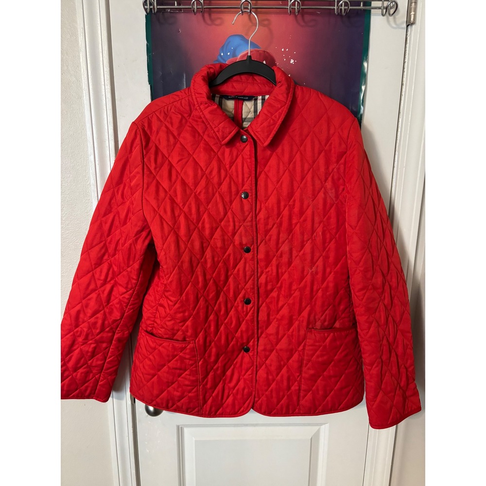 Burberry London Red Quilted Jacket Nova Check Lining Made in England Womens L